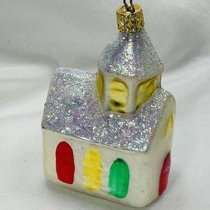 White Snowy Church Christmas Ornament West Germany Figural Ball Vintage Glass